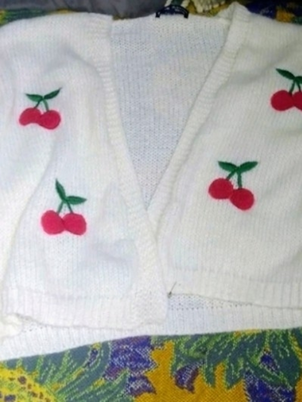 White Knit Cardigan with Red Cherry Embroidery